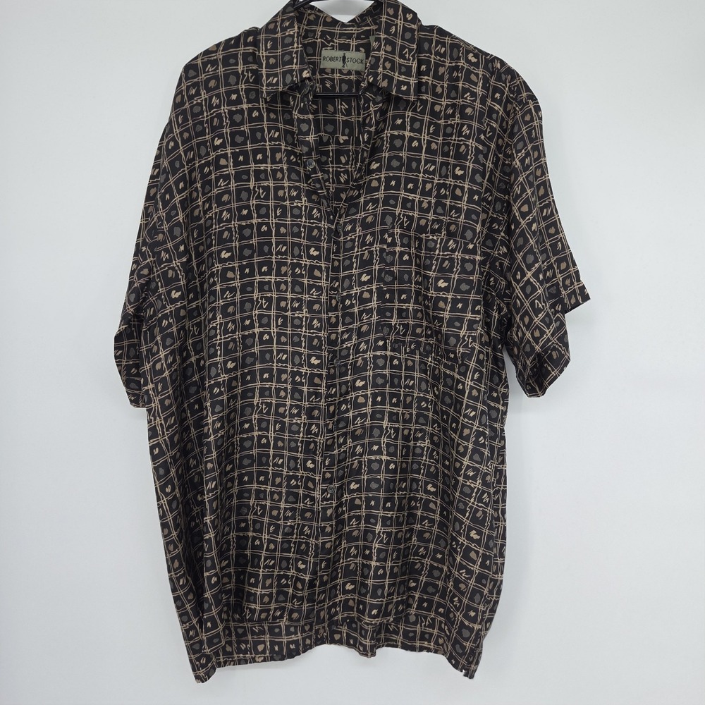 Vtg Robert‎ Stock Silk Shirt Large Black Short Sleeve Abstract Print